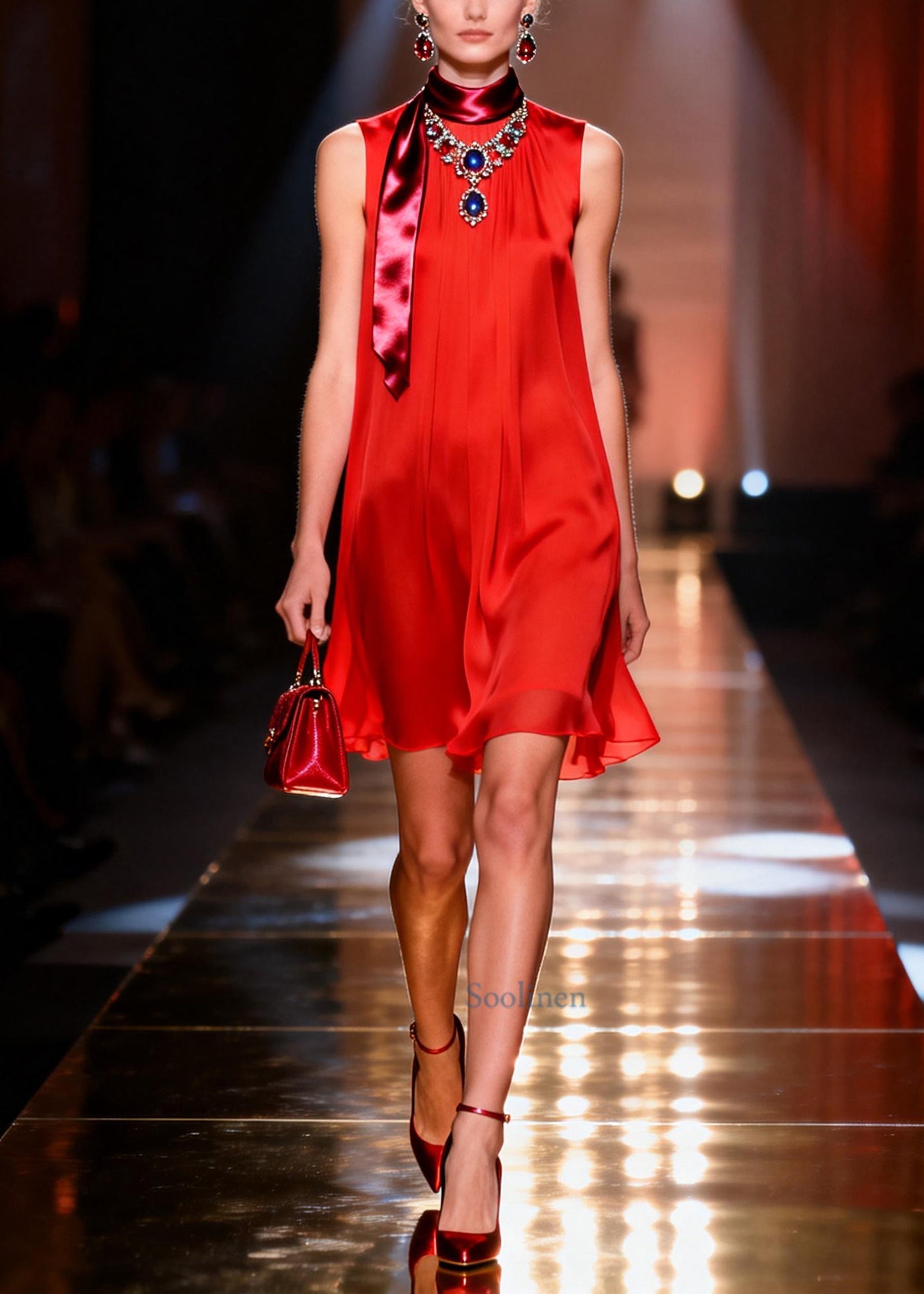 Fitted Red Oversized Draping Chiffon Holiday Dress Summer