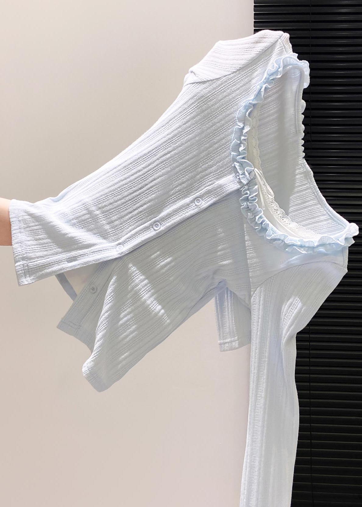 Fitted Sky Blue Ruffled Patchwork Cotton Tops Fall