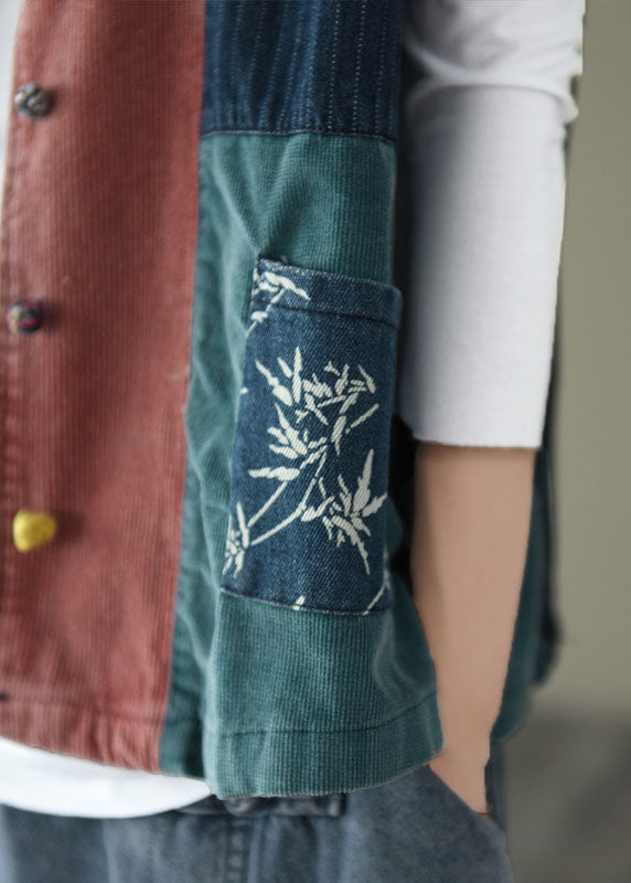 Tailliertes V-Ausschnitt-Knopf-Patchwork-Denim-Tanktops ärmellos