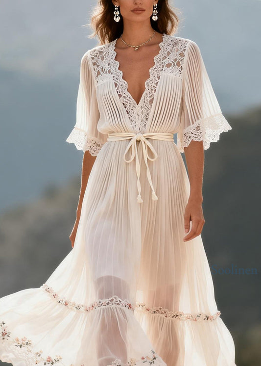 Fitted White V Neck Lace Floral Patchwork Chiffon Dress Summer