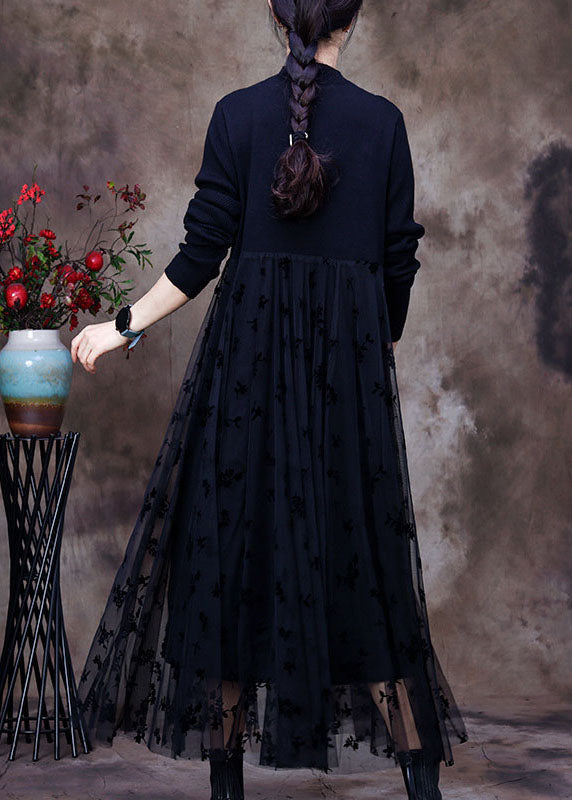 Tailliertes schwarzes O-Ausschnitt-Spitzen-Patchwork-Strick-Urlaubskleid