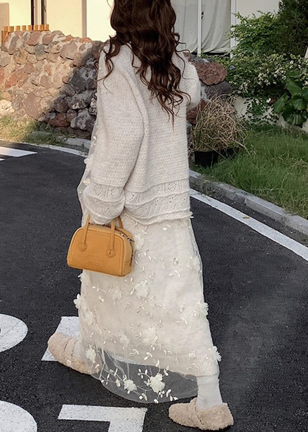 Floral Beige Hollow Out Sweaters And Skirts Patchwork Knit Two Piece Set Spring