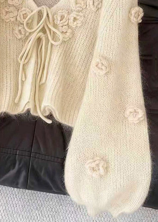 Floral Beige V Neck Lace Up Cozy Knit Cardigan