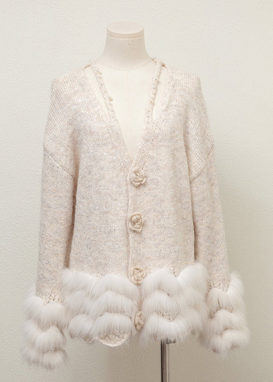 Suéteres de punto con cuello en V, piel de zorro y perlas, estampado floral gris, para invierno