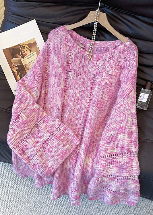 Floral Pink Hollow Out Cozy Knit Sweater Tops Fall