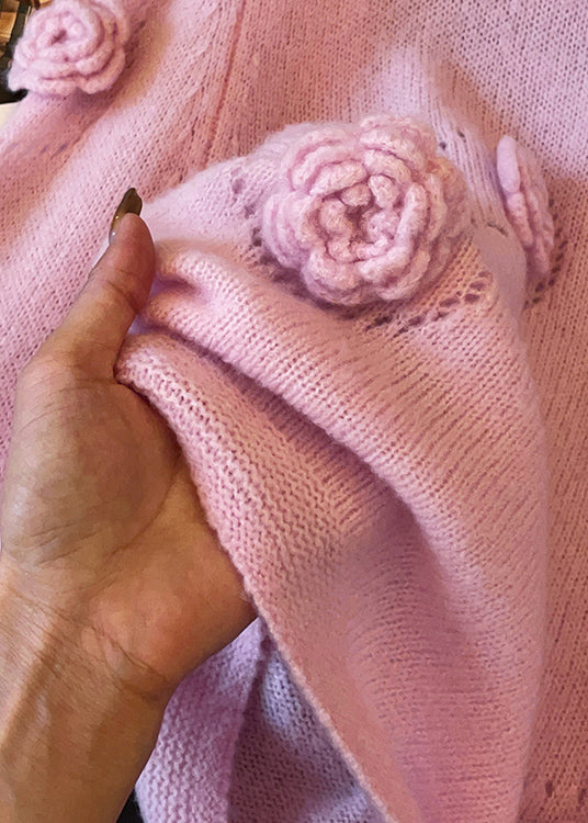 Floral Pink O Neck Hollow Out Cozy Knit Sweater Fall