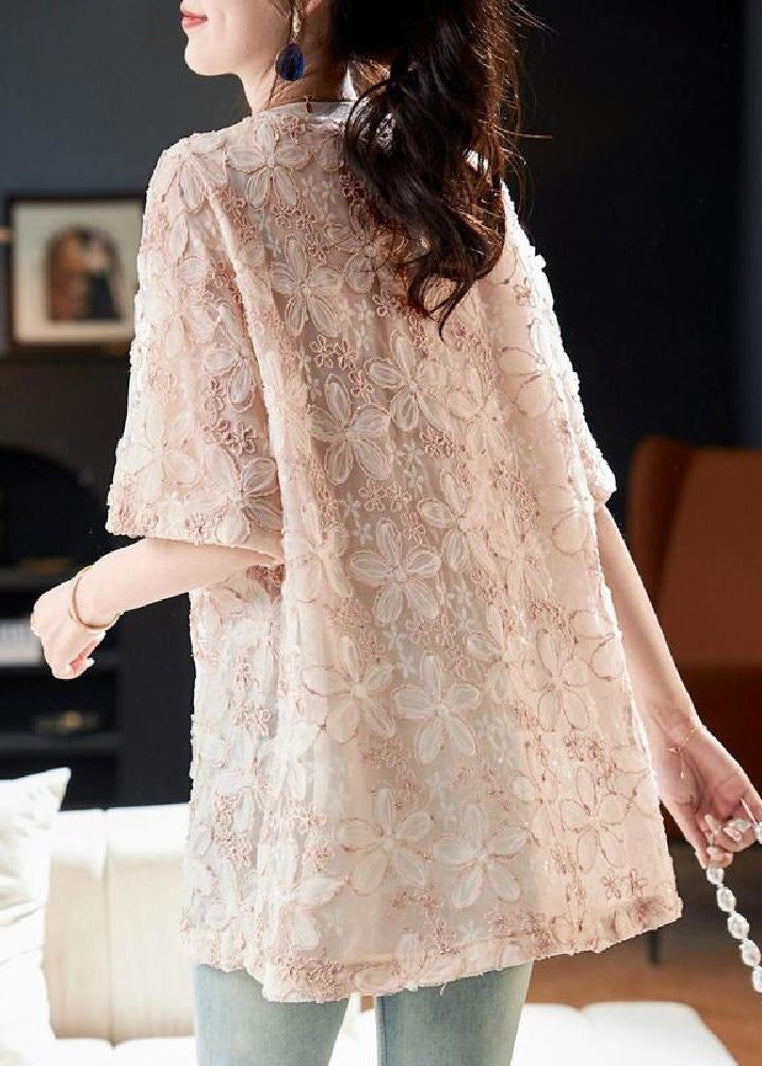 Rosa Pailletten-T-Shirt mit Blumenmuster und Rundhalsausschnitt aus Tüll für den Sommer