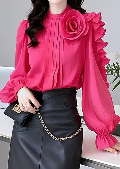 Floral Rose Ruffled Solid Cotton Blouses Spring