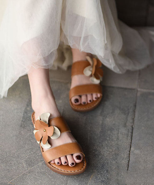 Floral Splicing Platform Beige Comfortable Cowhide Leather Slide Sandals