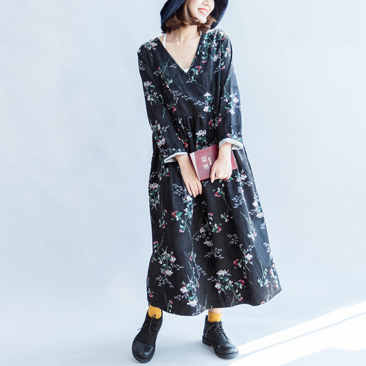 Blumen V-Ausschnitt Frühlingskleider Baumwollkleid Plus Size Kaftankleid