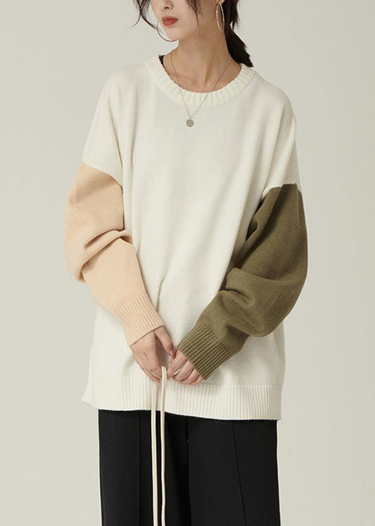 For Spring fall nude knitwear fall fashion o neck patchwork Blouse - SooLinen