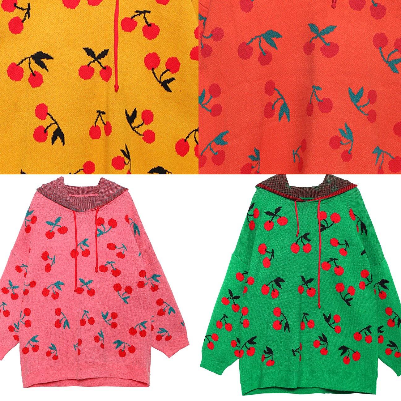 For Spring pink print Sweater weather fashion drawstring hooded knitted tops - SooLinen