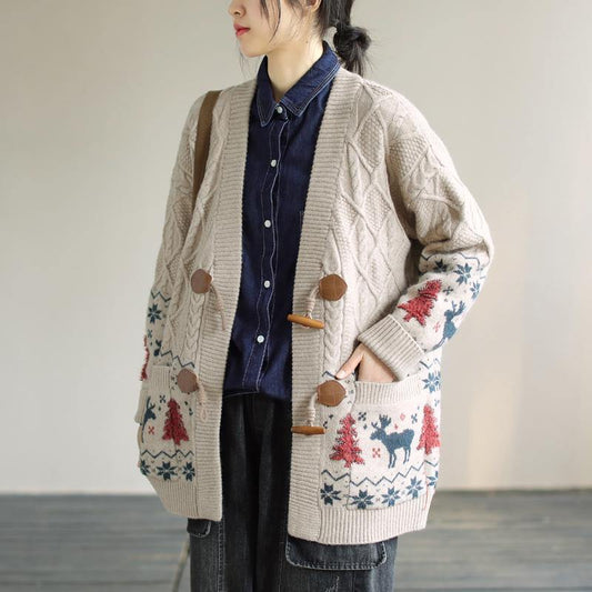 For Work Spring knit sweat tops trendy plus size Beige Deer Print knitted cardigans - SooLinen
