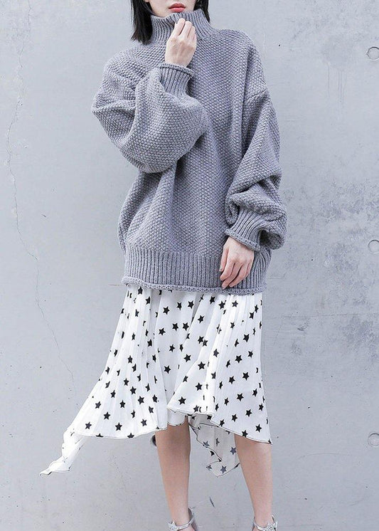 For Work gray knitwear plus size clothing high neck lantern sleeve knitted t shirt - SooLinen