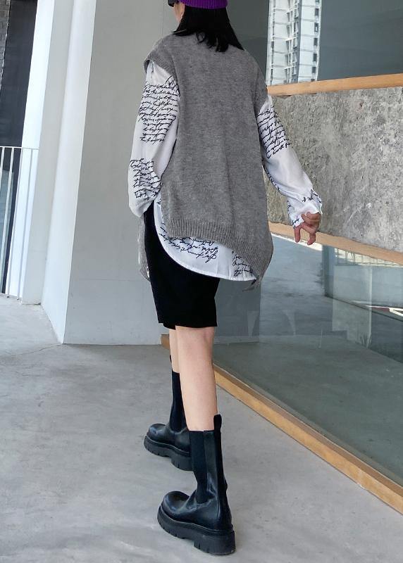 For Work gray sweater tops o neck sleeveless oversize knitwear - SooLinen