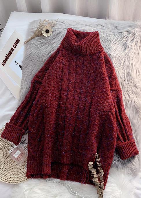 For Work navy clothes asymmetric hem oversized high neck knit tops - SooLinen