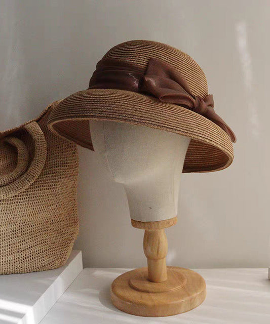 French Apricot Bow Straw Woven Bucket Hat