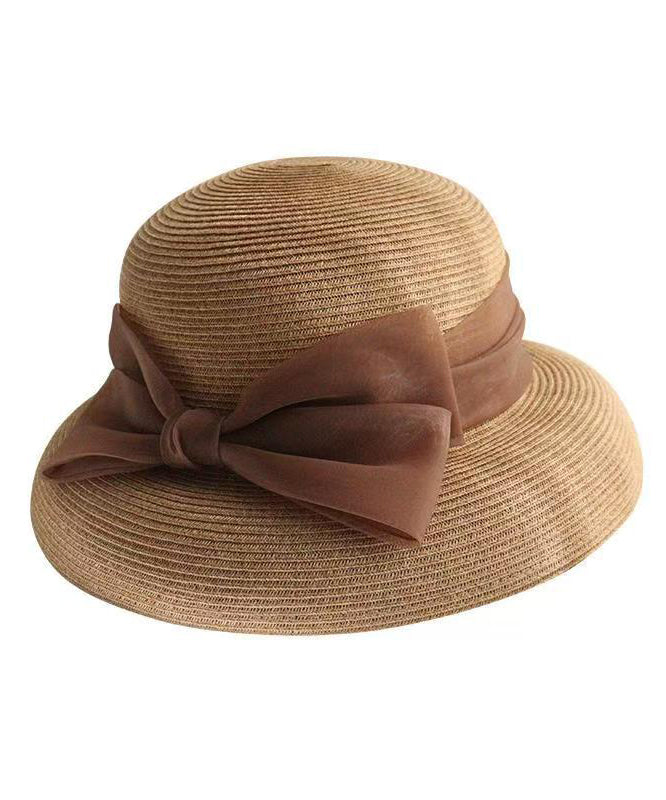 French Apricot Bow Straw Woven Bucket Hat