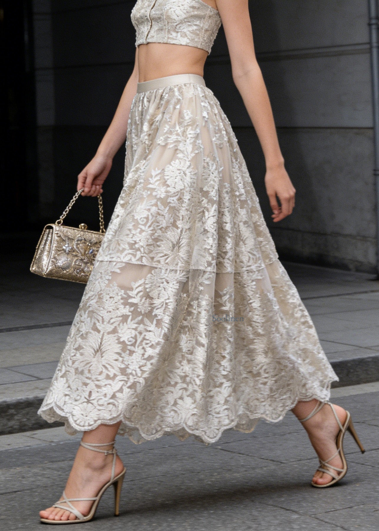 French Apricot Embroidered High Waist Tulle Skirts Spring