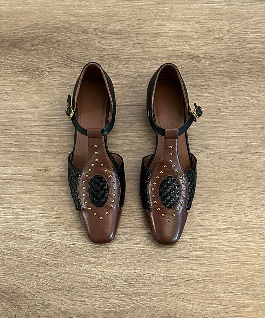 French Apricot Hollow Out Woven Square Head Rivet Sandals