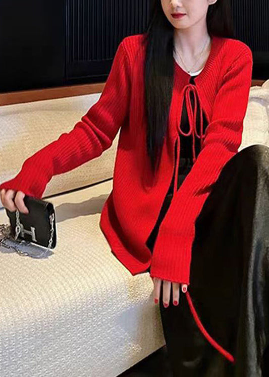 Französische Aprikosenfarbene Strickcardigans mit Schnürung und Rundhalsausschnitt für den Frühling