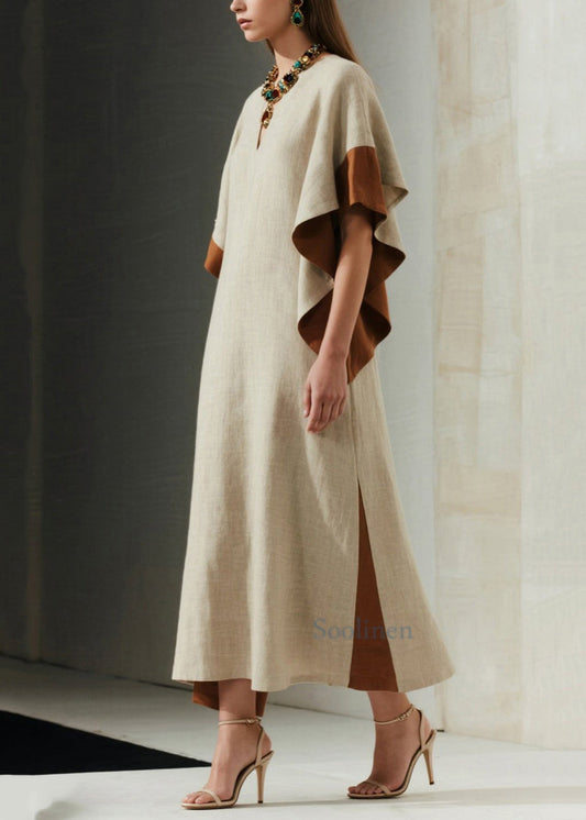 Französisch-aprikosenfarbenes, übergroßes Patchwork-Baumwollkleid mit Schmetterlingsärmeln