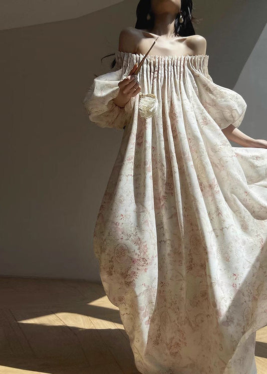 French Apricot Print Cold Shoulder Holiday Dress Lantern Sleeve