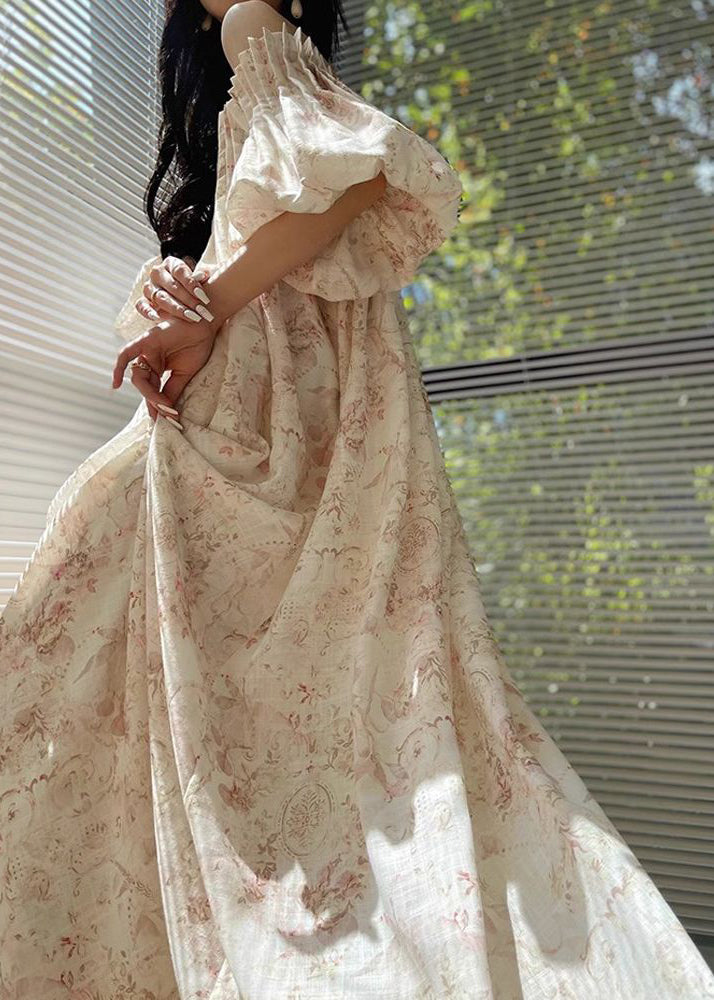 French Apricot Print Cold Shoulder Holiday Dress Lantern Sleeve