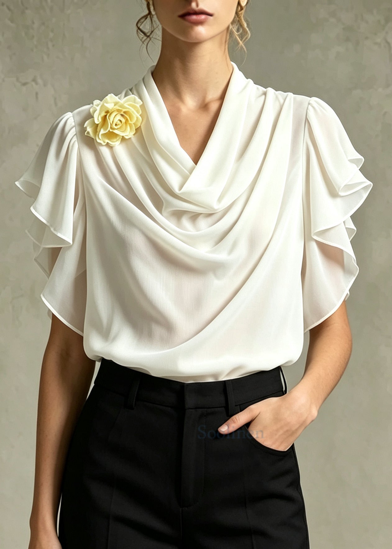 French Apricot Ruffled Floral Chiffon Shirt Tops Summer