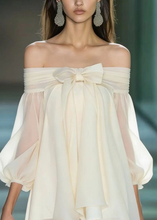 French Apricot Slash Neck Bow Chiffon Mini Dresses Summer