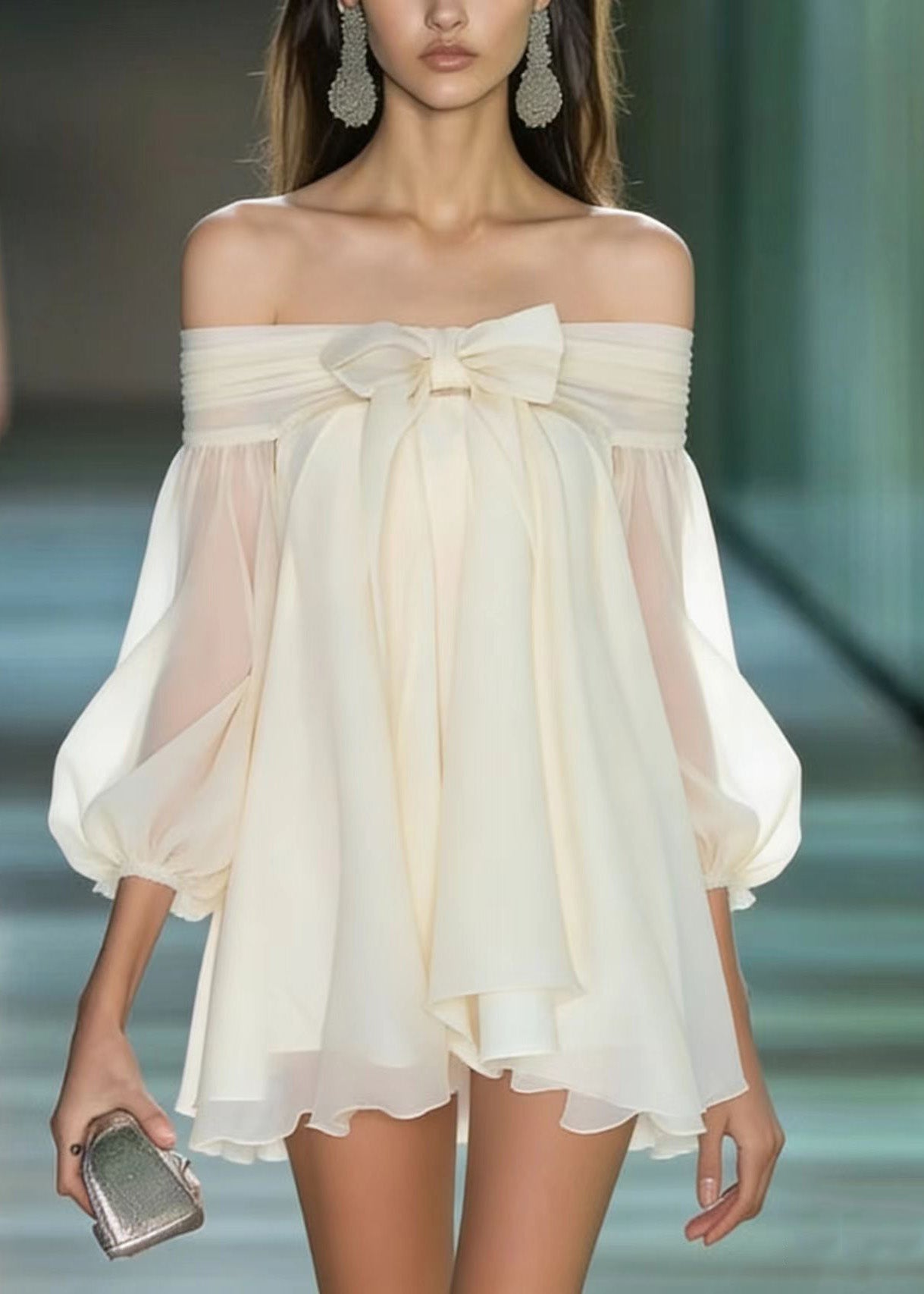 French Apricot Slash Neck Bow Chiffon Mini Dresses Summer