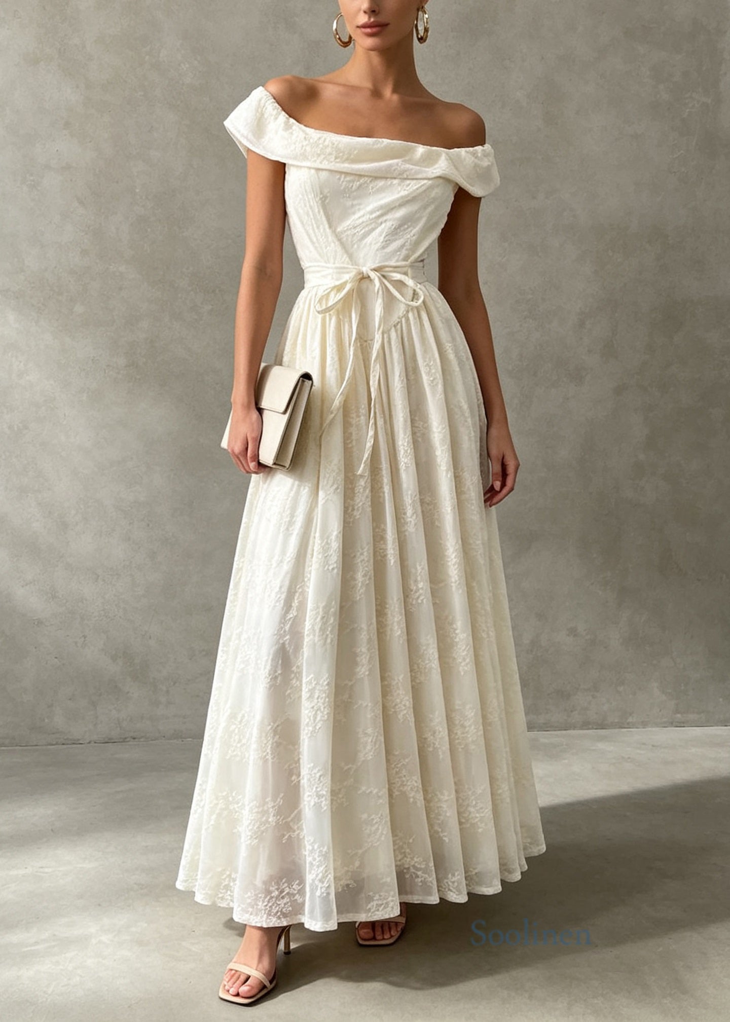 French Apricot Slash Neck Embroidered Patchwork Lace Dress Summer