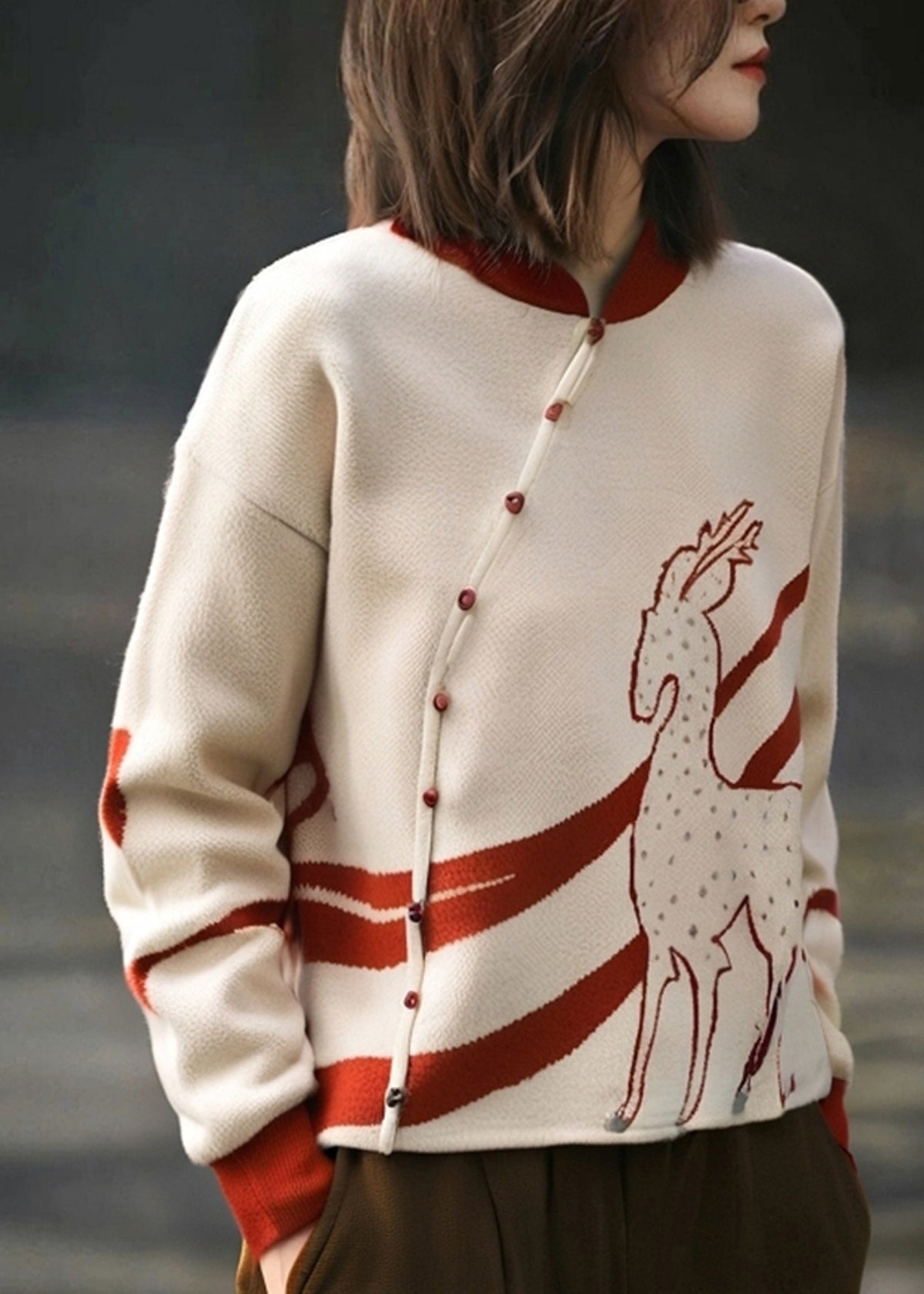 Französisch-aprikosenfarbener Stehkragen-Print Baumwollstrickpullover Frühling