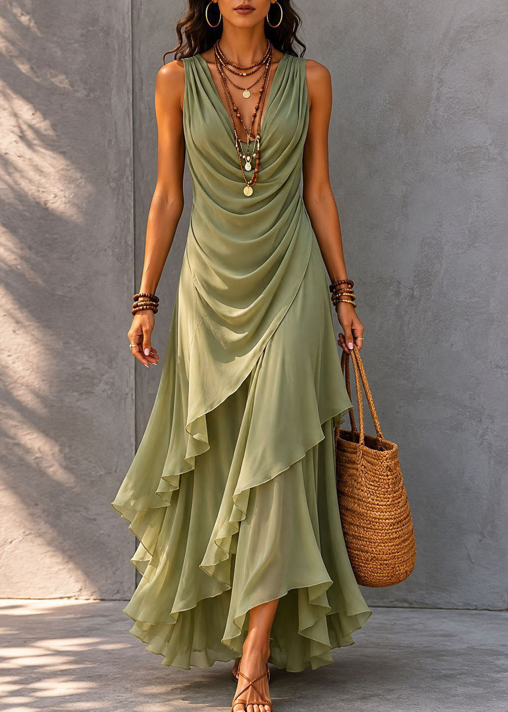 French Apricot V Neck Asymmetrical Ruffled Patchwork Chiffon Dress Sleeveless