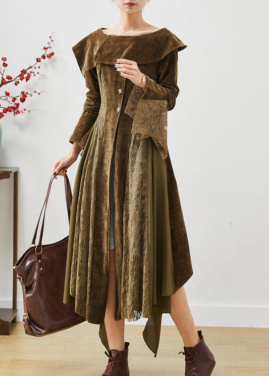 Französisch Armee Grün Asymmetrische Patchwork Baumwolle Kleider Frühling