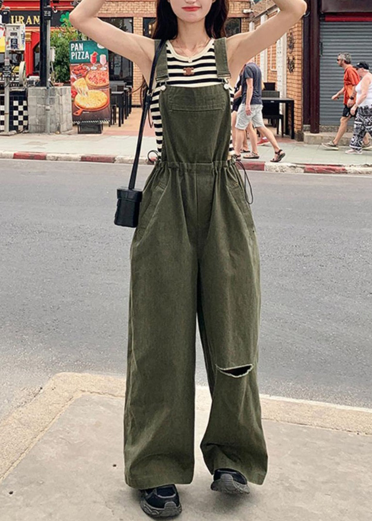 Ärmelloser Jumpsuit aus Baumwolle in französischem Armeegrün mit Kordelzugtaschen