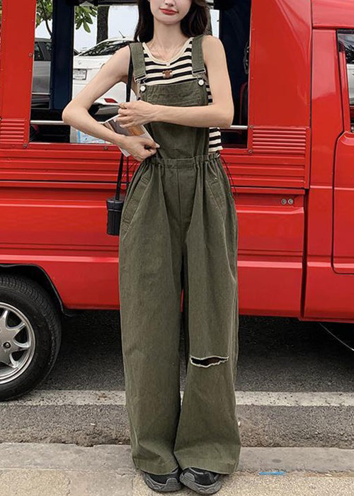 Ärmelloser Jumpsuit aus Baumwolle in französischem Armeegrün mit Kordelzugtaschen
