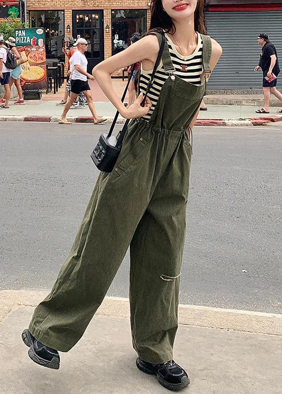 Ärmelloser Jumpsuit aus Baumwolle in französischem Armeegrün mit Kordelzugtaschen