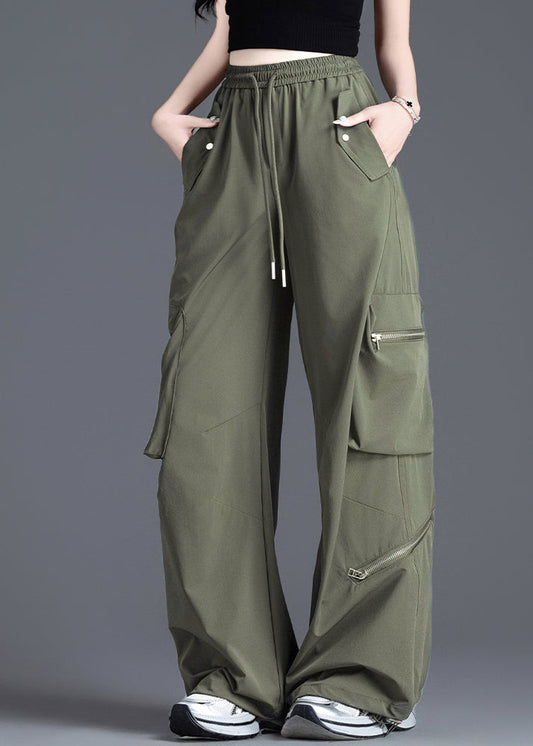 French Army Green Elastic Waist Pockets Nylon Pants Spring