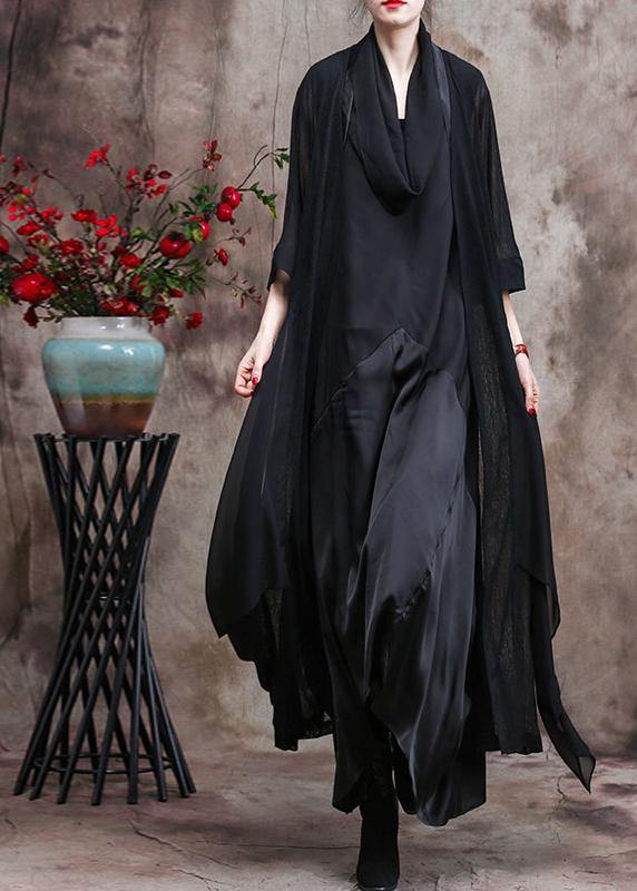 French Asymmetric Flowy Black Chiffon Cardigan Oversized Coats - SooLinen