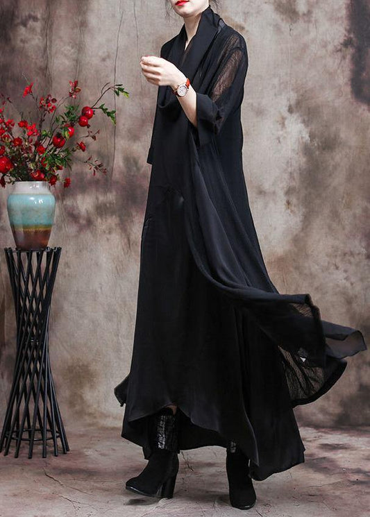French Asymmetric Flowy Black Chiffon Cardigan Oversized Coats - SooLinen