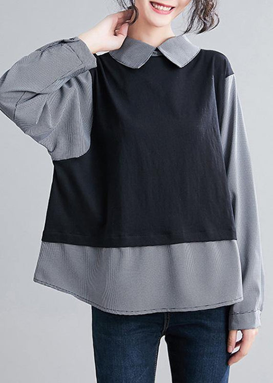 French Batwing Sleeve patchwork shirts women Sewing black shirts - SooLinen