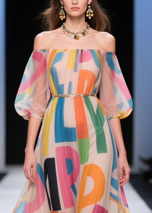 French Beige Cold Shoulder Letter Print Chiffon Holiday Dress Summer