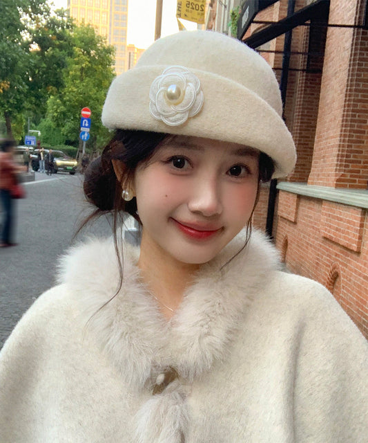 French Beige Floral Pearl Woolen Bucket Hat