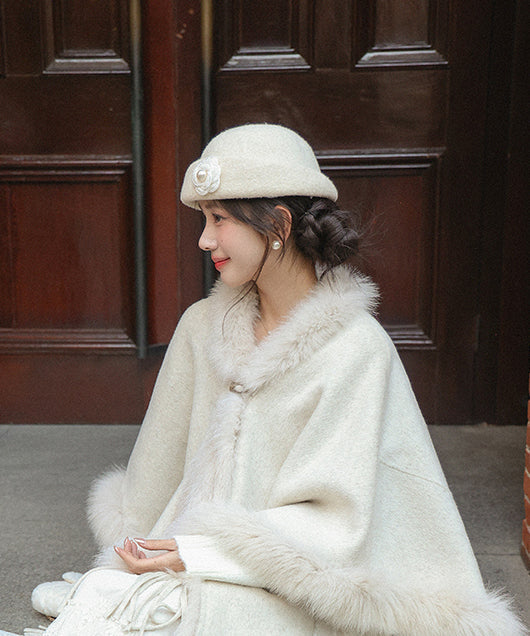 French Beige Floral Pearl Woolen Bucket Hat