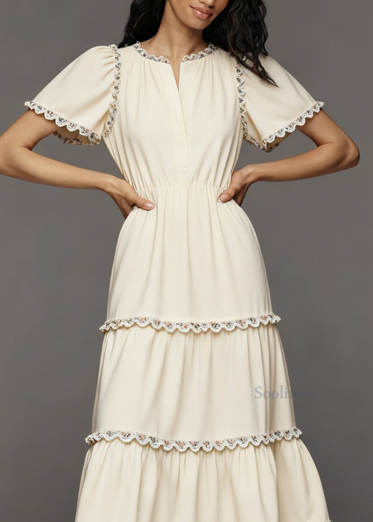 French Beige Layered Lace Patchwork Cotton Dress Summer