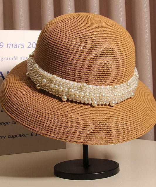 French Beige Nail Bead Straw Woven Cloche Hat Summer
