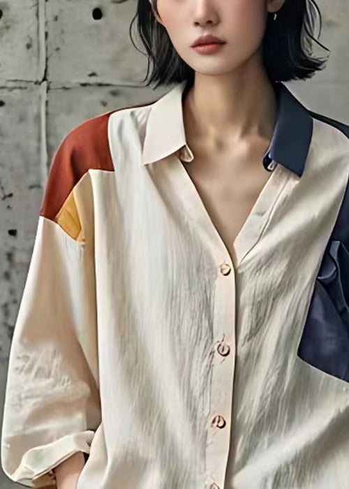 Französische beige Peter Pan Kragen Knopf Baumwolle Bluse Herbst