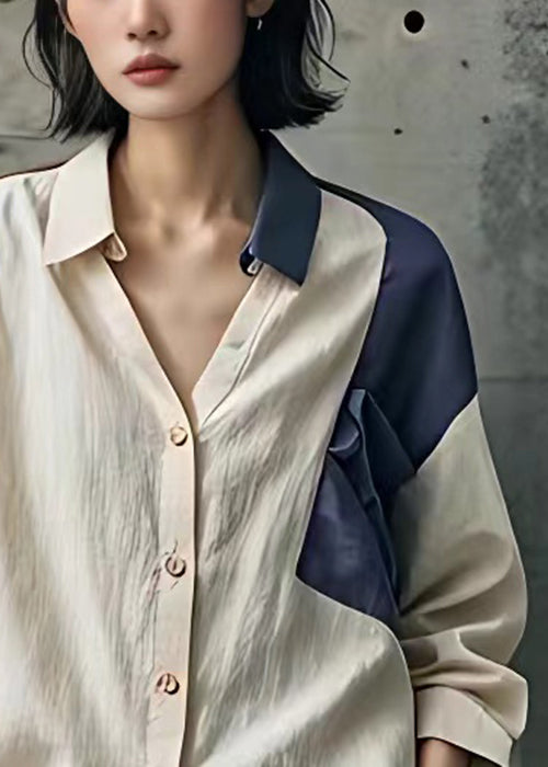 Französische beige Peter Pan Kragen Knopf Baumwolle Bluse Herbst