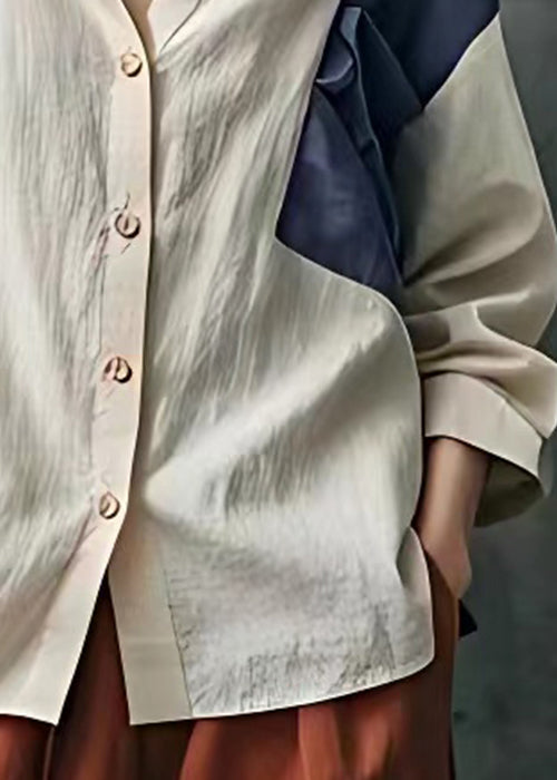 Französische beige Peter Pan Kragen Knopf Baumwolle Bluse Herbst